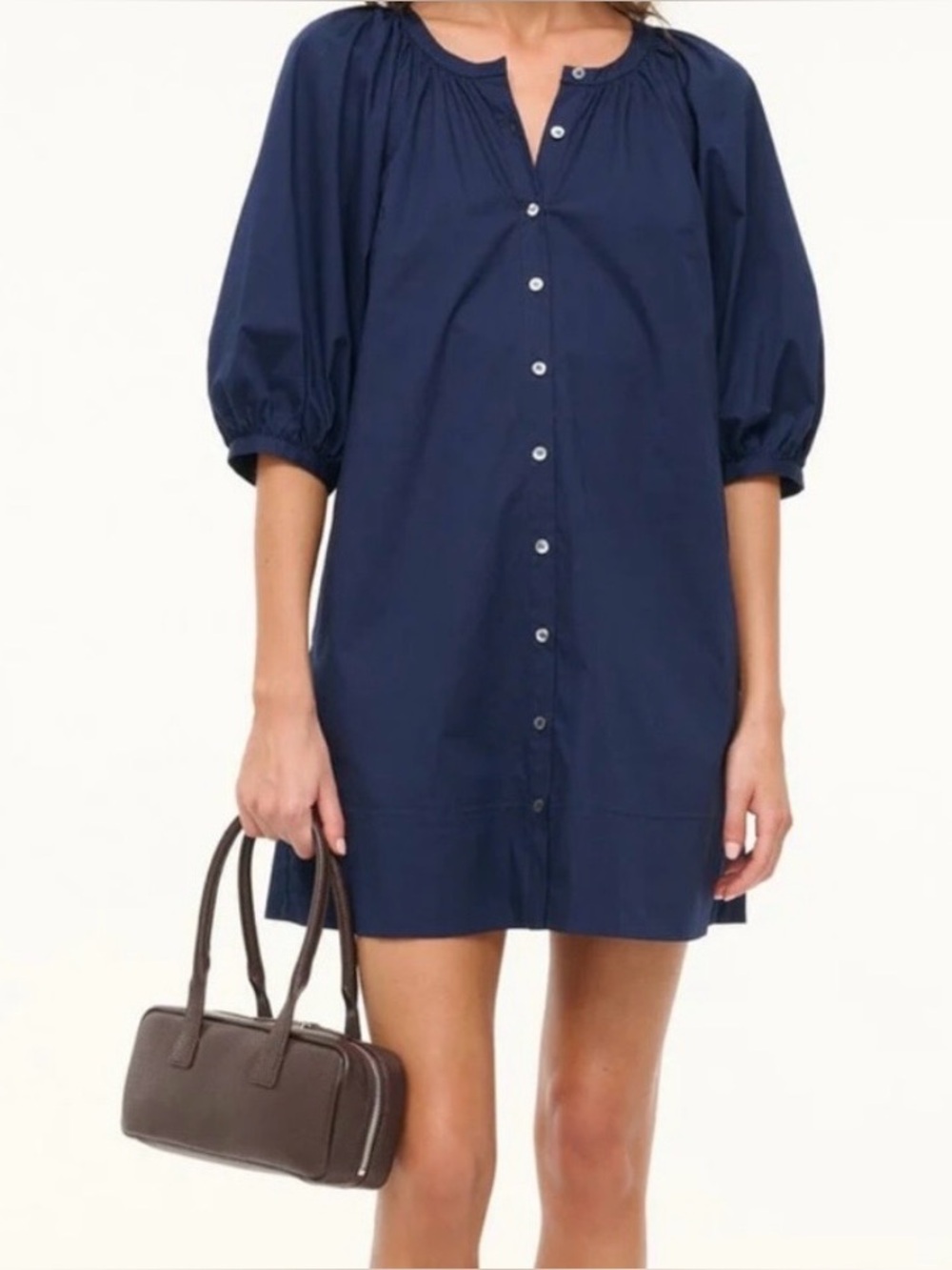 STAUD Vincent Navy Blue Button Front Puff Sleeve Mini Shirt Dress XS
